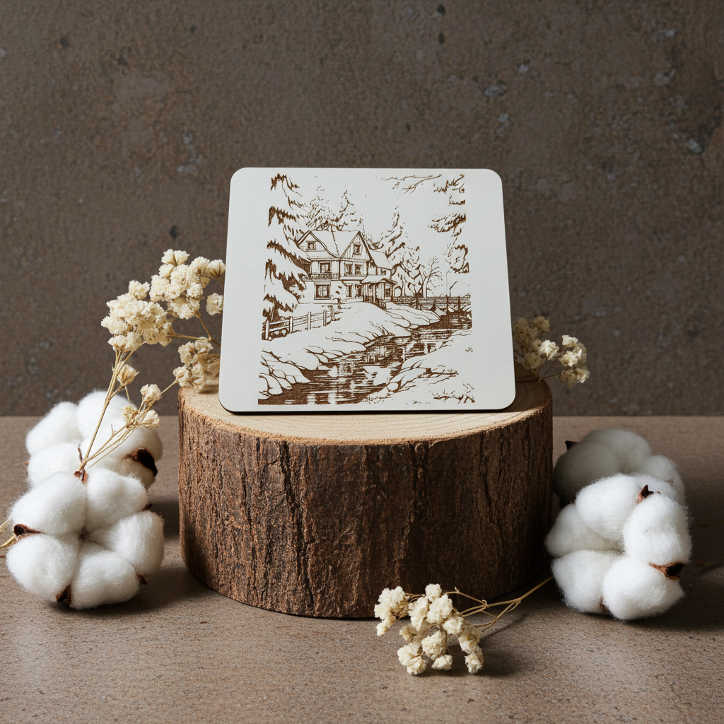 Set of 6, White Drink Coasters, with bumper feet. Winter / Festive Scenes Collection.