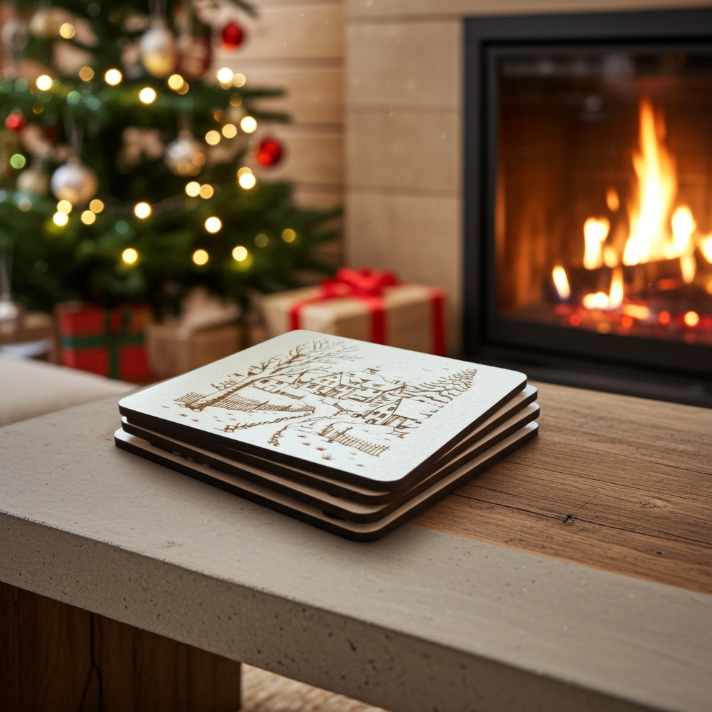 Set of 6, White Drink Coasters, with bumper feet. Winter / Festive Scenes Collection.