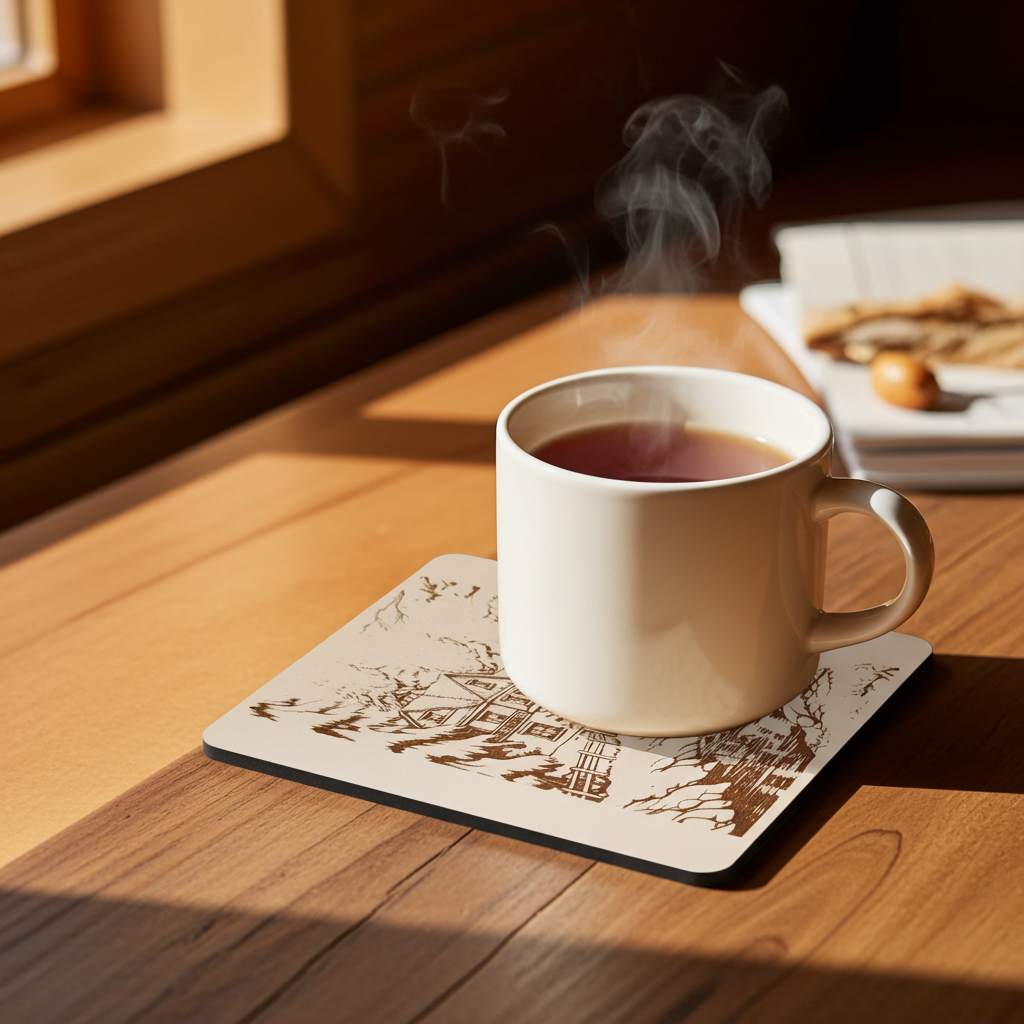 Set of 6, White Drink Coasters, with bumper feet. Winter / Festive Scenes Collection.