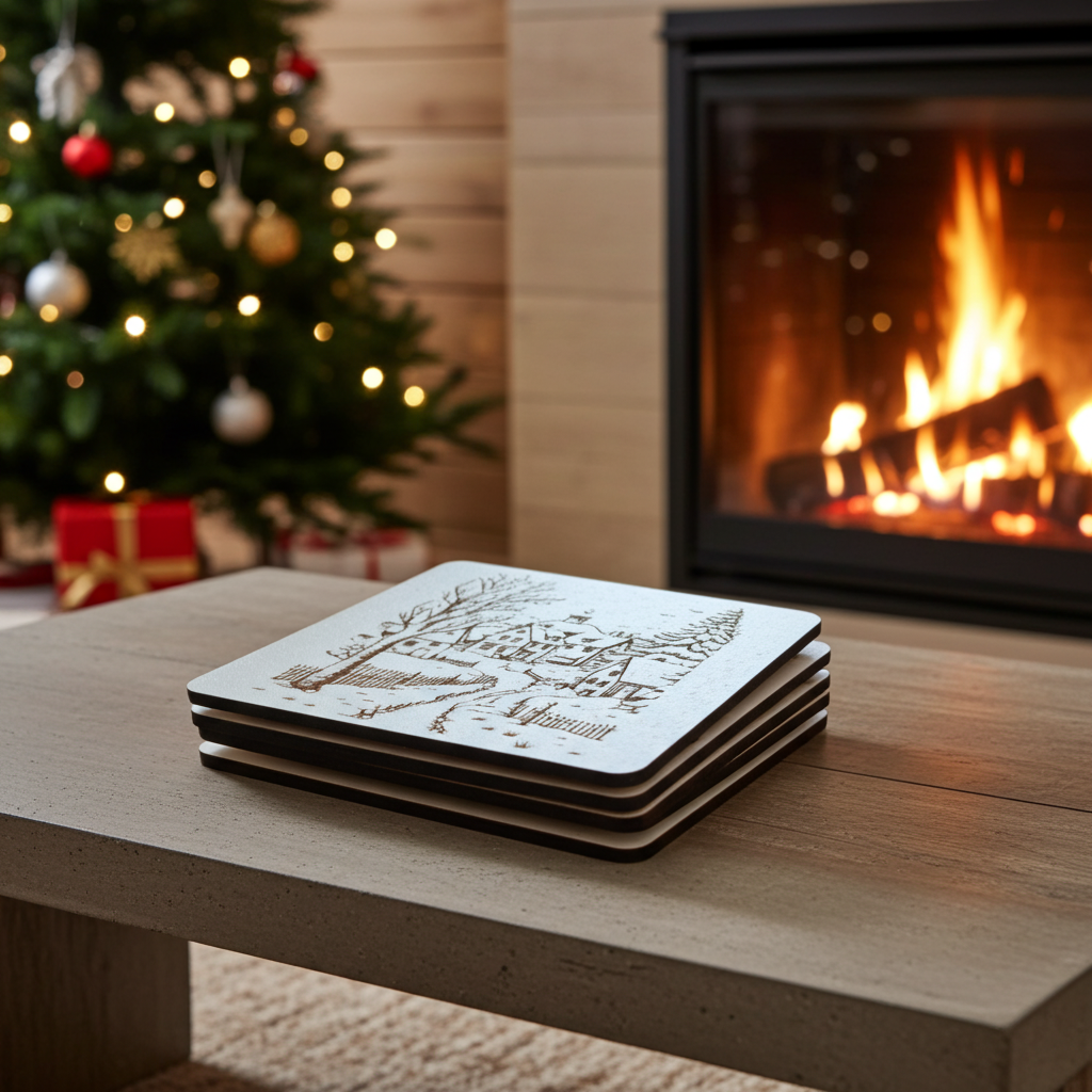 Set of 6, White Drink Coasters, with bumper feet. Winter / Festive Scenes Collection.