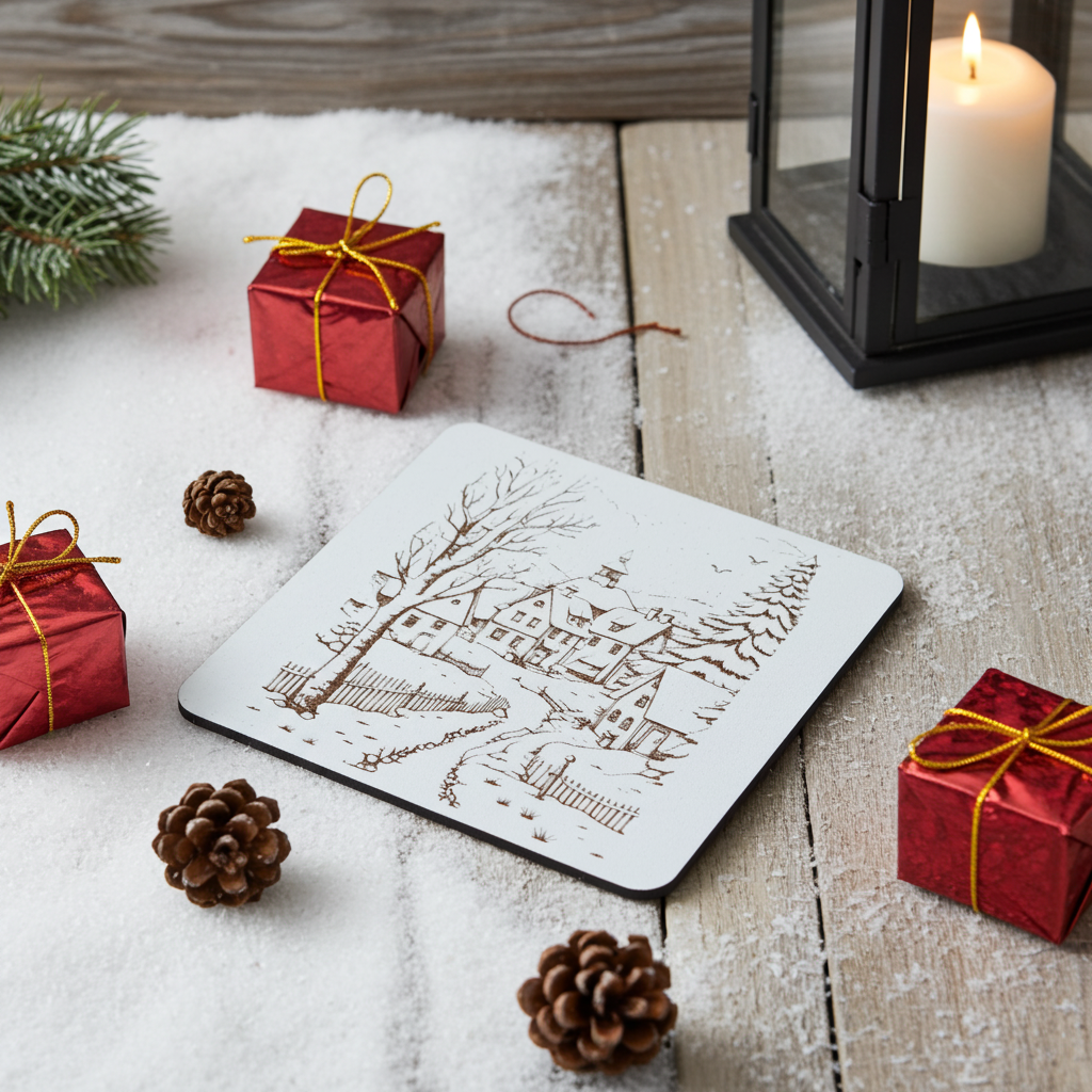 Set of 6, White Drink Coasters, with bumper feet. Winter / Festive Scenes Collection.