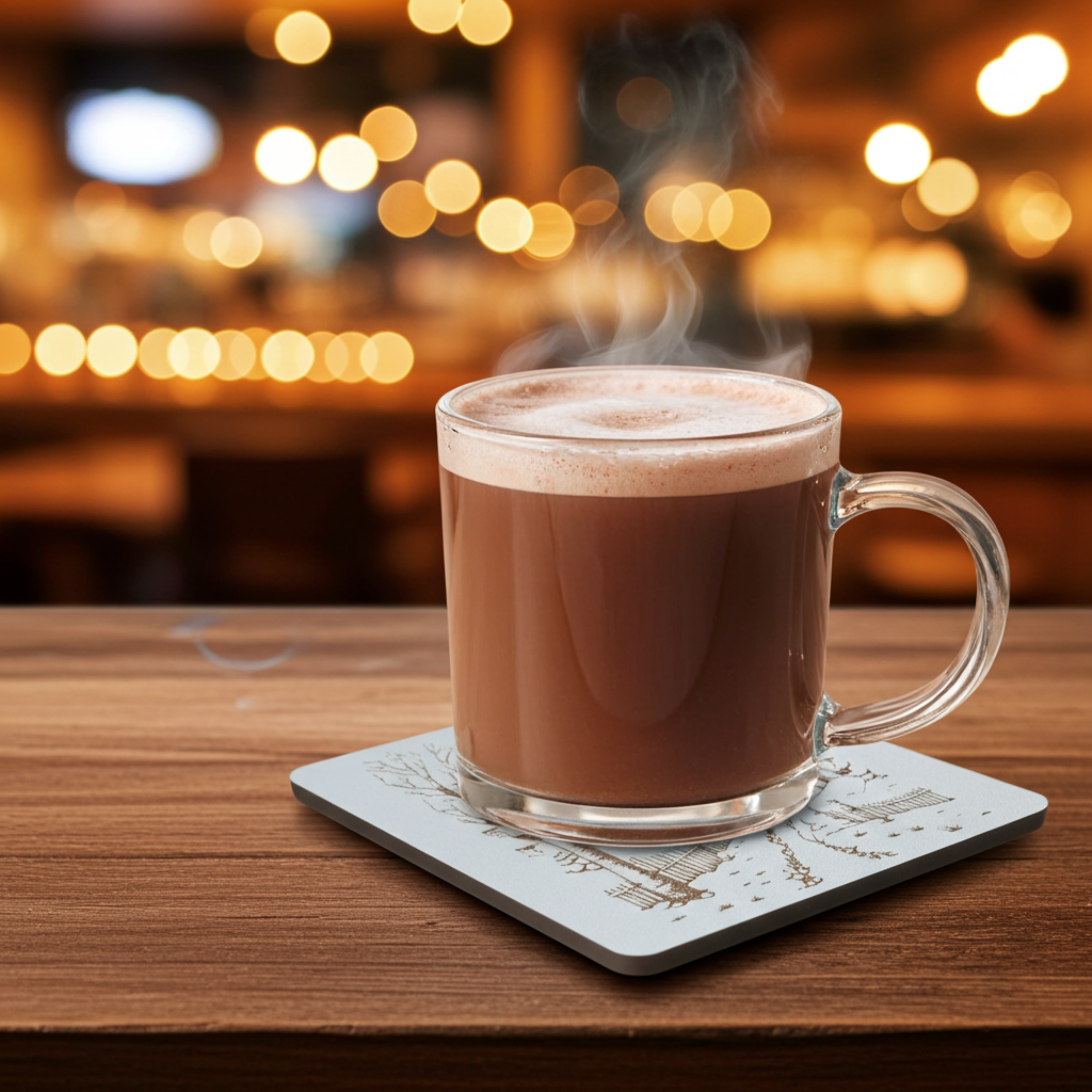 Set of 6, White Drink Coasters, with bumper feet. Winter / Festive Scenes Collection.