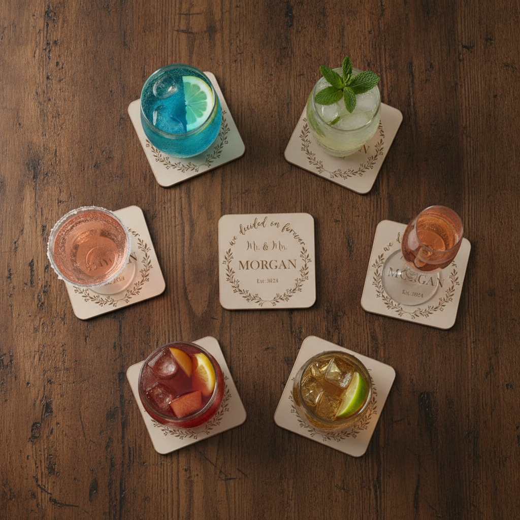 Personalised White Wood Coasters with Bumper Feet (Set of 6)