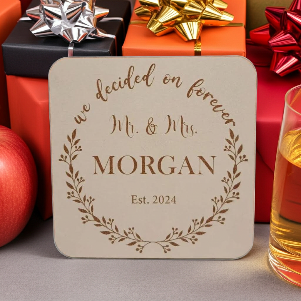 Set of 6, White Topped Wood. Personalise Your Own Drink Coasters. Great For Parties. Quality Wood. Any Font and Bumper Feet Attached.