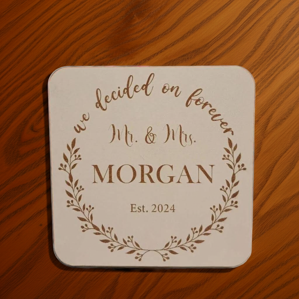 Set of 6, White Topped Wood. Personalise Your Own Drink Coasters. Great For Parties. Quality Wood. Any Font and Bumper Feet Attached.