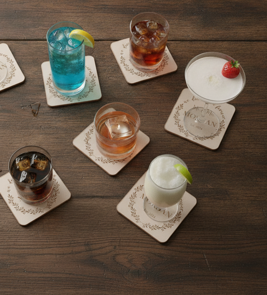 Personalised White Wood Coasters with Bumper Feet (Set of 6)