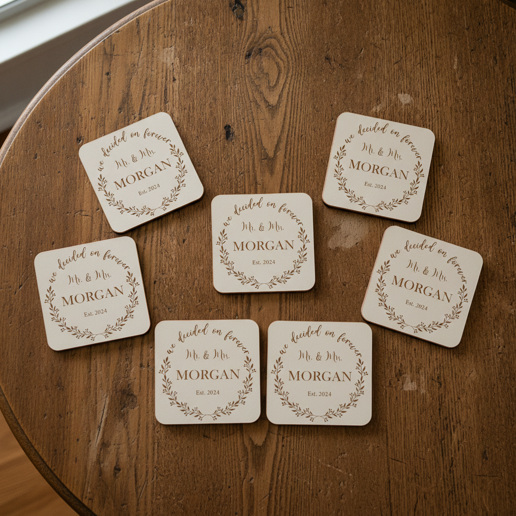 Personalised White Wood Coasters with Bumper Feet (Set of 6)