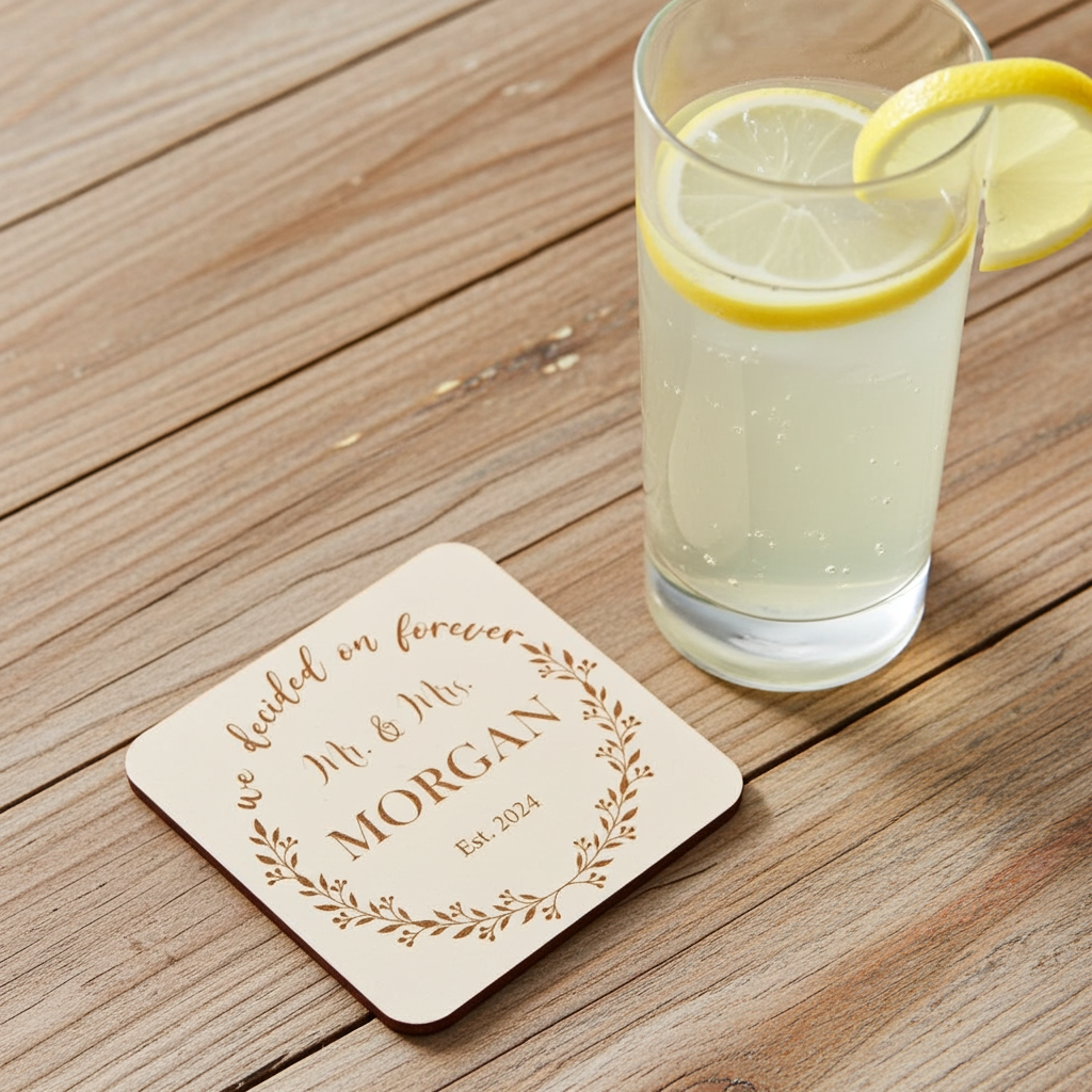 Set of 6, White Topped Wood. Personalise Your Own Drink Coasters. Great For Parties. Quality Wood. Any Font and Bumper Feet Attached.