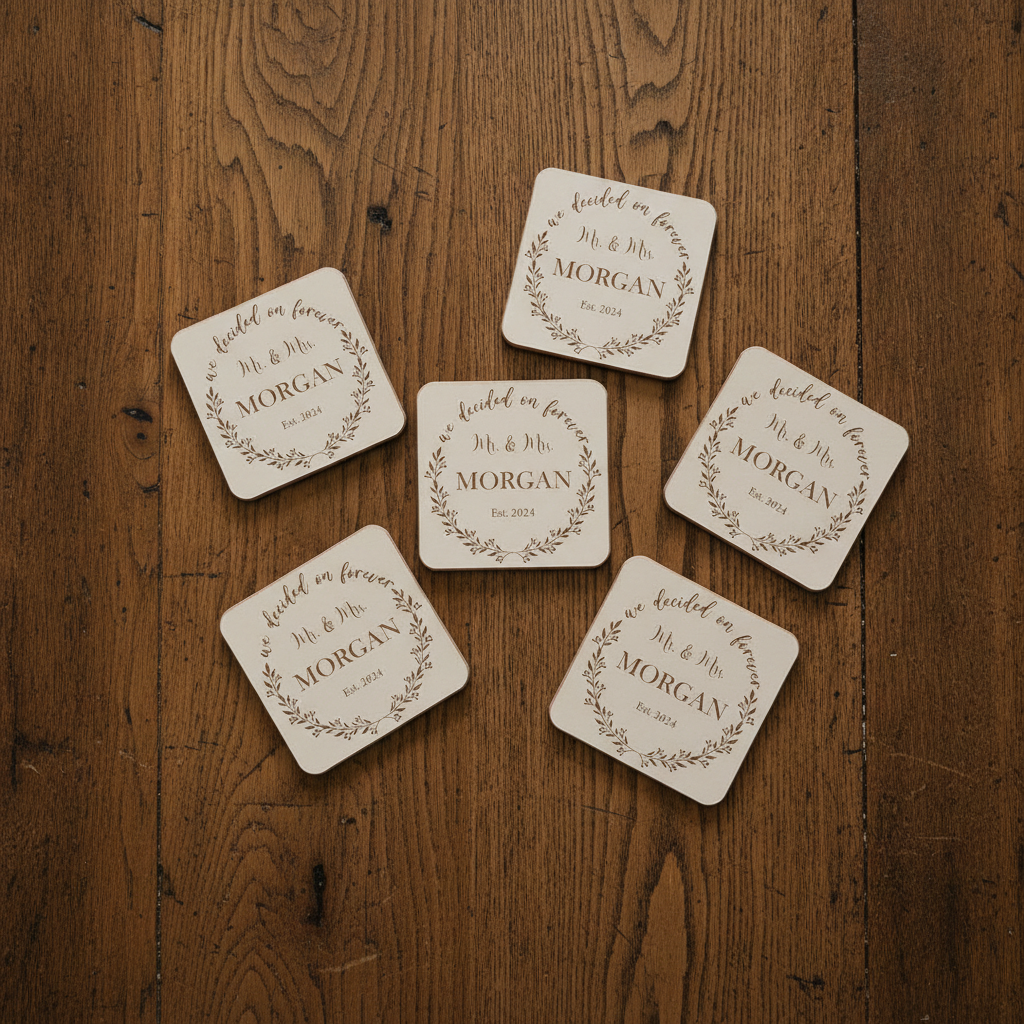 Personalised White Wood Coasters with Bumper Feet (Set of 6)