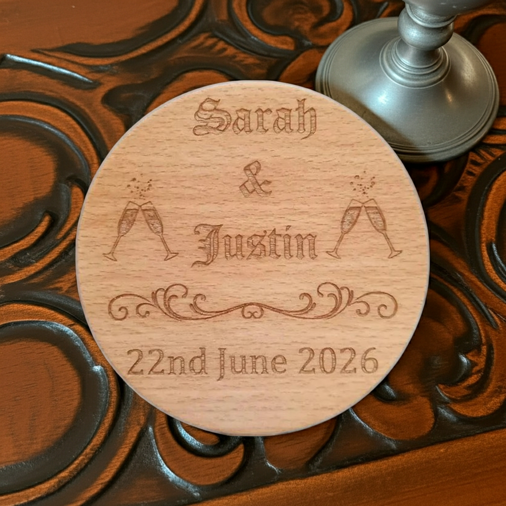 Set of 6, Wood Drink Coasters Personalised Wedding / Engagement's / Celebrations / Anniversaries, with bumper feet.
