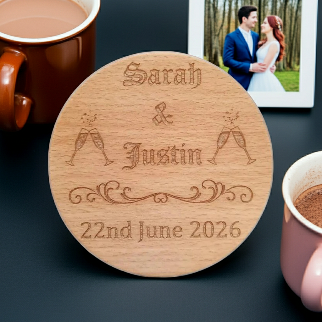 Set of 6, Wood Drink Coasters Personalised Wedding / Engagement's / Celebrations / Anniversaries, with bumper feet.