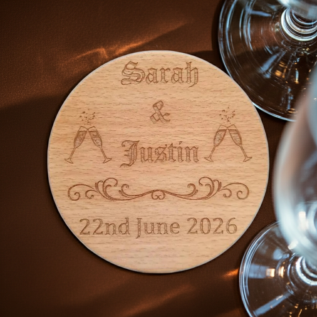 Set of 6, Wood Drink Coasters Personalised Wedding / Engagement's / Celebrations / Anniversaries, with bumper feet.