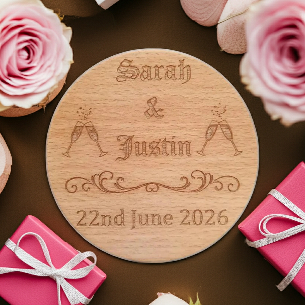 Set of 6, Wood Drink Coasters Personalised Wedding / Engagement's / Celebrations / Anniversaries, with bumper feet.