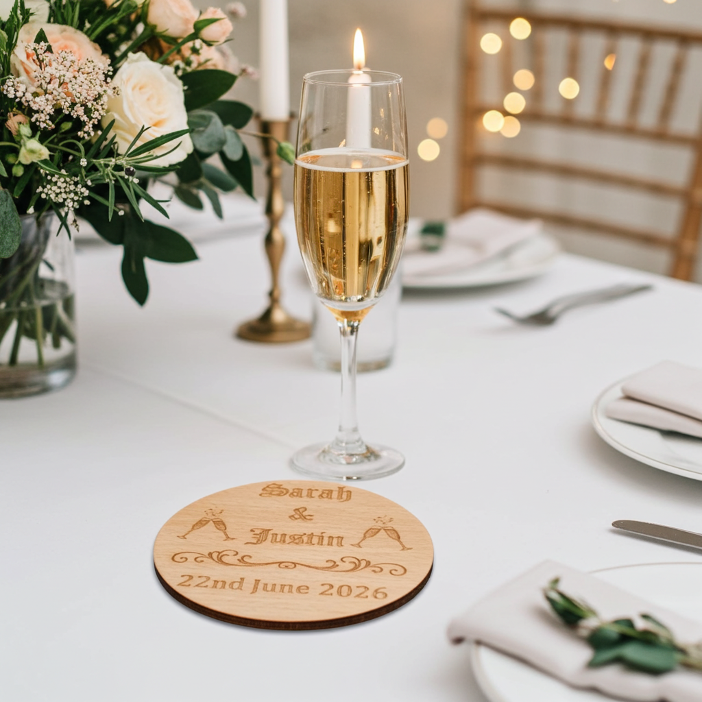 Set of 6, Wood Drink Coasters Personalised Wedding / Engagement's / Celebrations / Anniversaries, with bumper feet.