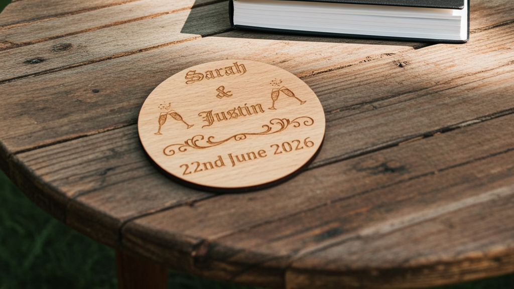 Set of 6, Wood Drink Coasters Personalised Wedding / Engagement's / Celebrations / Anniversaries, with bumper feet.