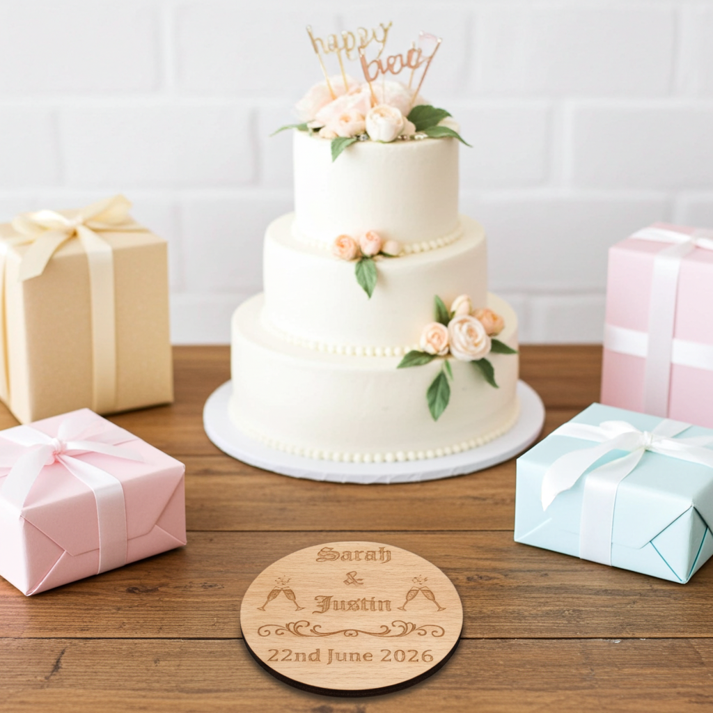 Set of 6, Wood Drink Coasters Personalised Wedding / Engagement's / Celebrations / Anniversaries, with bumper feet.