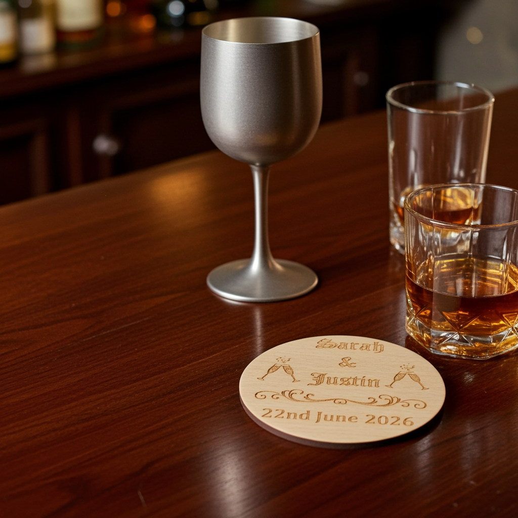 Set of 6, Wood Drink Coasters Personalised Wedding / Engagement's / Celebrations / Anniversaries, with bumper feet.
