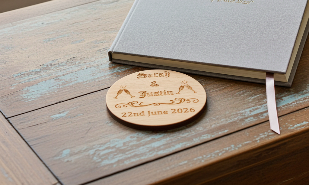 Set of 6, Wood Drink Coasters Personalised Wedding / Engagement's / Celebrations / Anniversaries, with bumper feet.