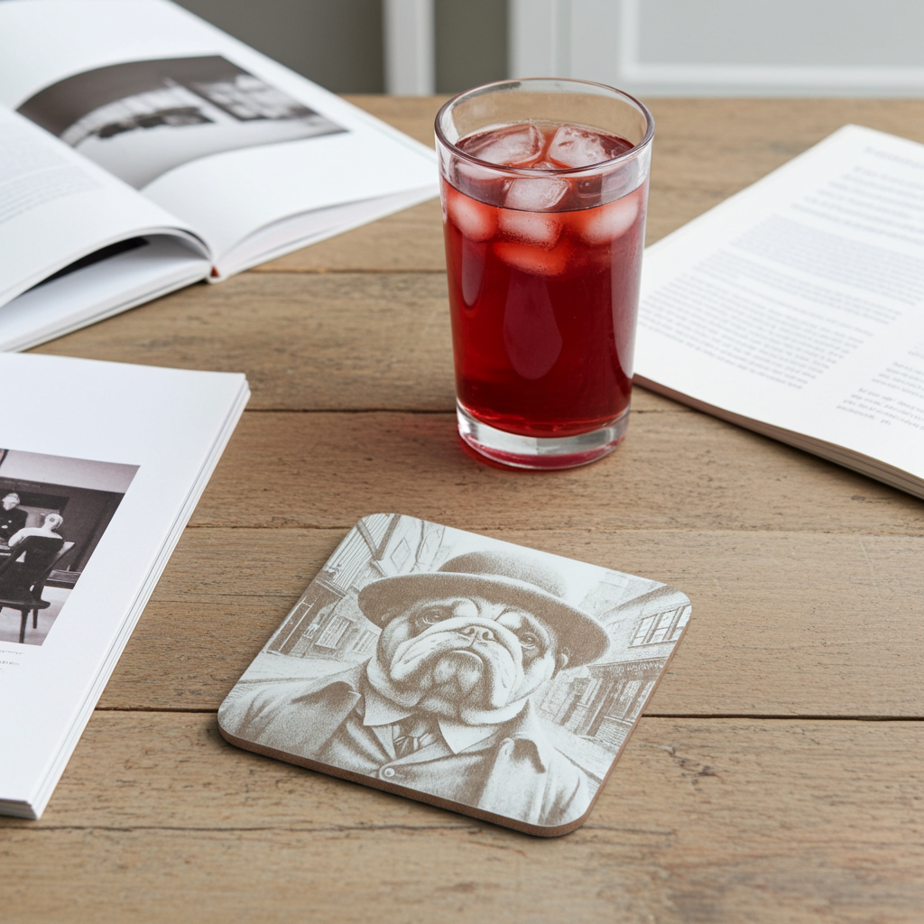 Set of 6, wood drink coasters with bumper feet. "Bulldog dressed to impress collection"