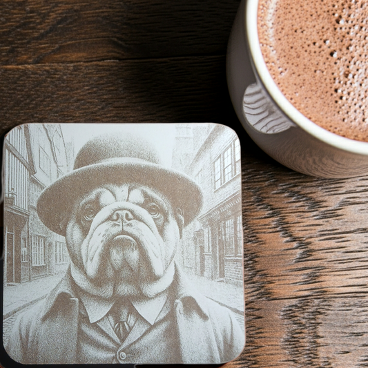 Set of 6, wood drink coasters with bumper feet. "Bulldog dressed to impress collection"