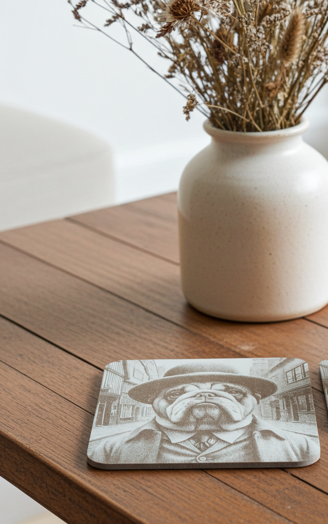 Set of 6, wood drink coasters with bumper feet. "Bulldog dressed to impress collection"