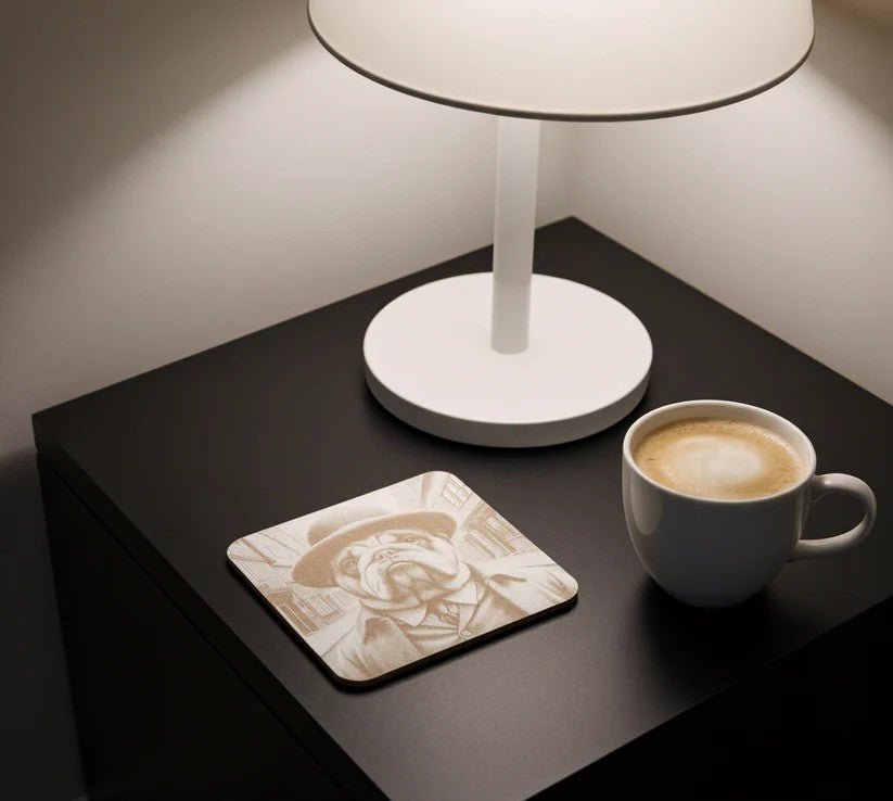 Set of 6, wood drink coasters with bumper feet. "Bulldog dressed to impress collection".