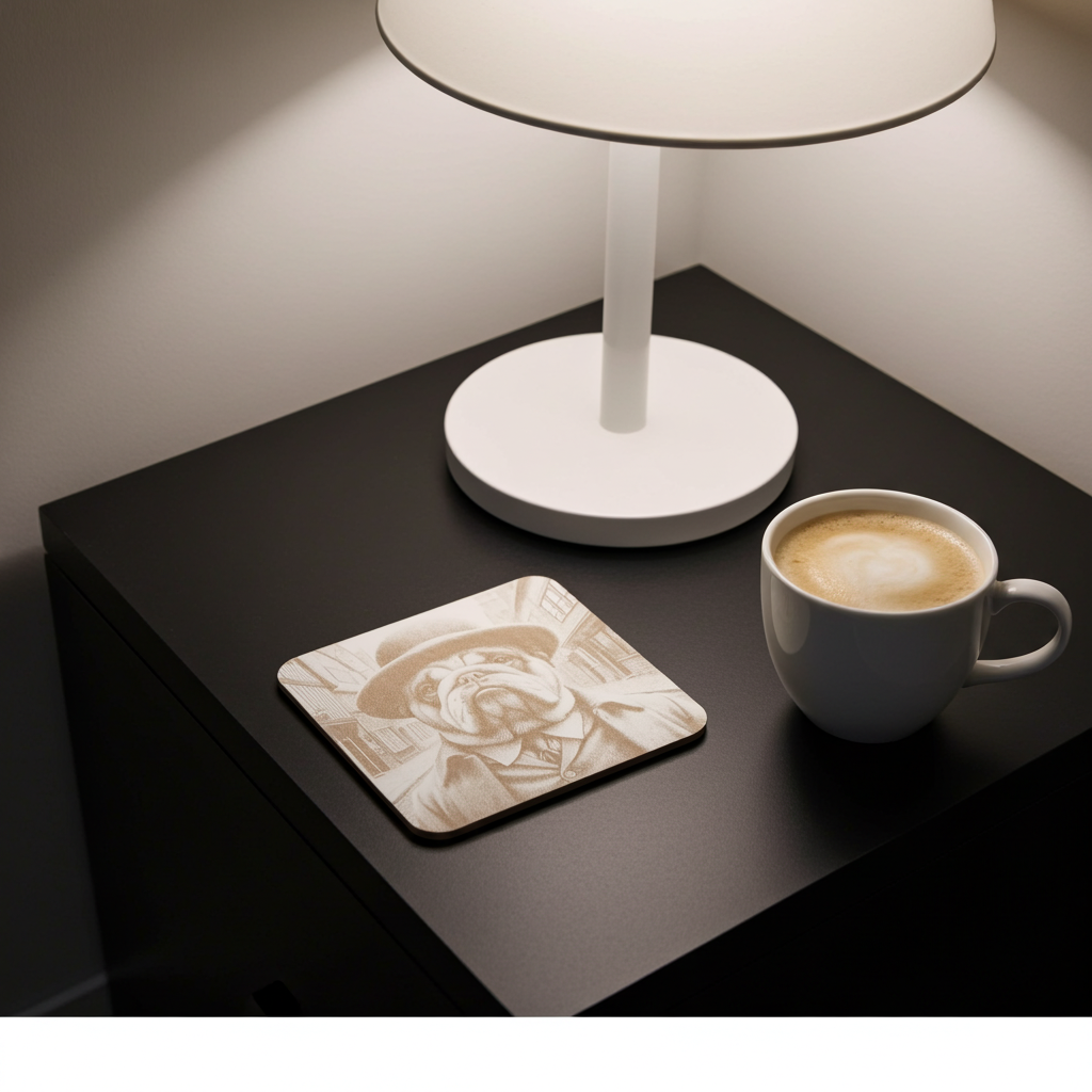 Set of 6, wood drink coasters with bumper feet. "Bulldog dressed to impress collection"