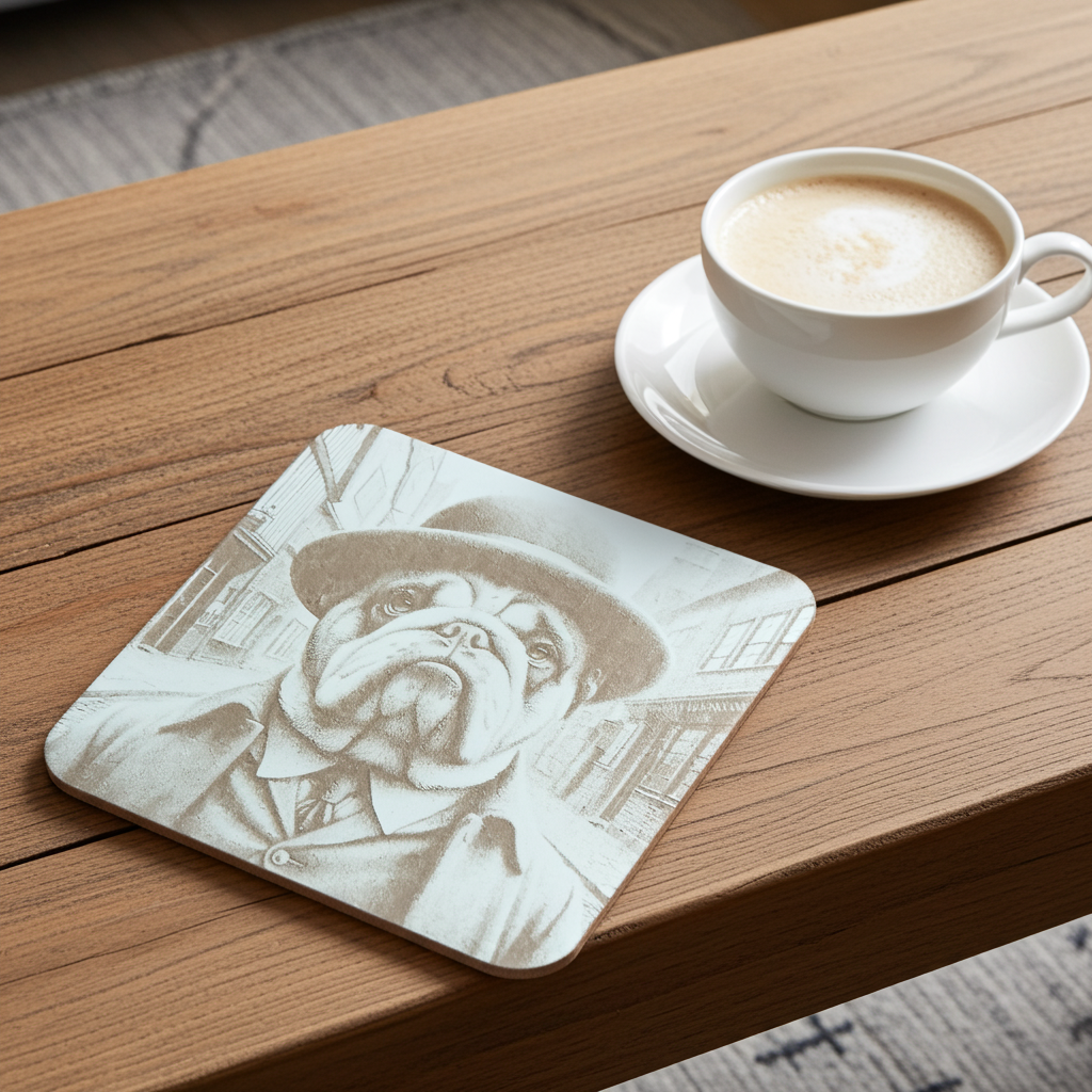 Set of 6, wood drink coasters with bumper feet. "Bulldog dressed to impress collection"