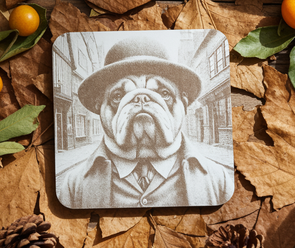 Set of 6, wood drink coasters with bumper feet. "Bulldog dressed to impress collection"