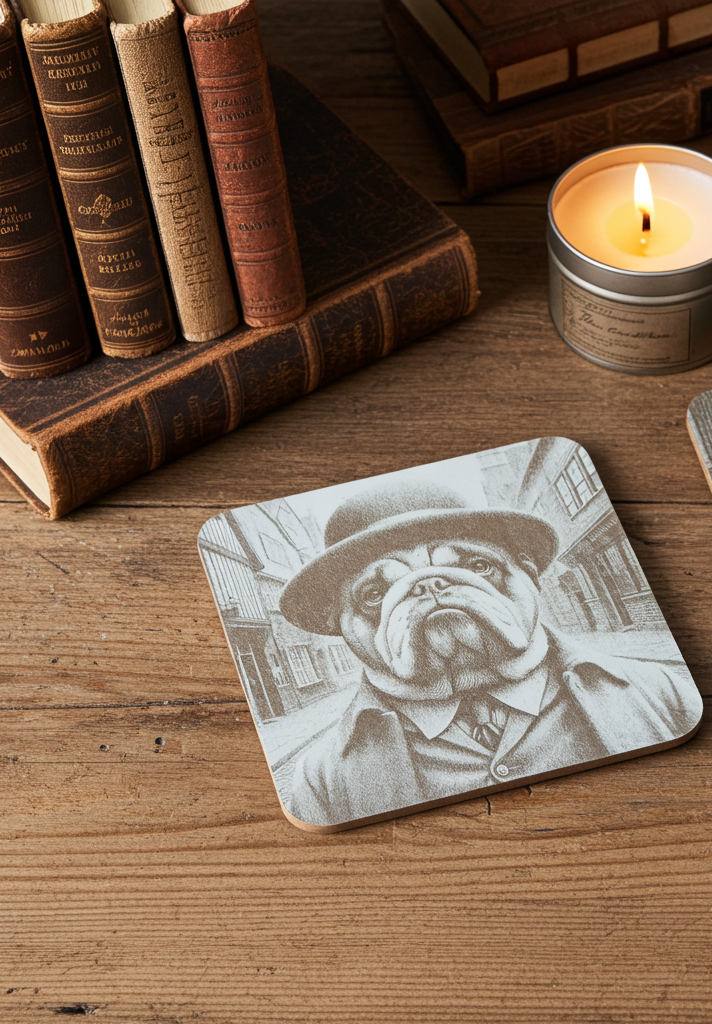 Set of 6, wood drink coasters with bumper feet. "Bulldog dressed to impress collection"