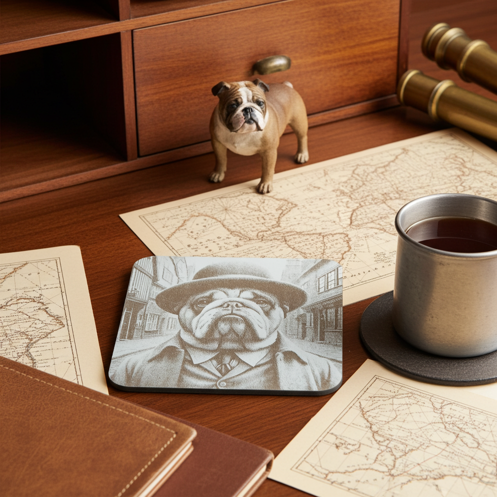 Set of 6, wood drink coasters with bumper feet. "Bulldog dressed to impress collection"