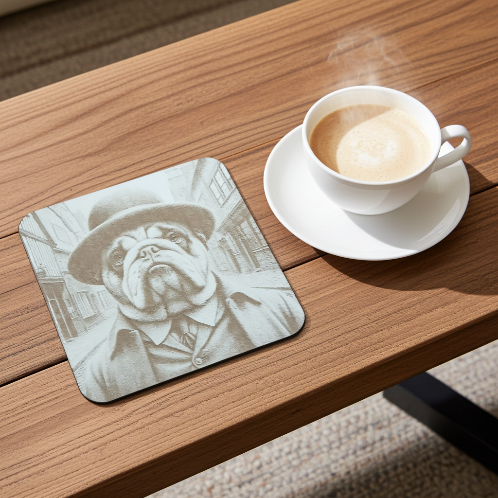 Set of 6, wood drink coasters with bumper feet. "Bulldog dressed to impress collection"