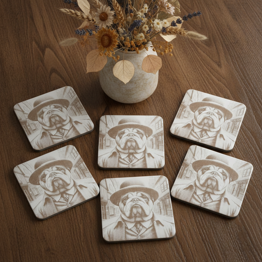Set of 6, wood drink coasters with bumper feet. "Bulldog dressed to impress collection".