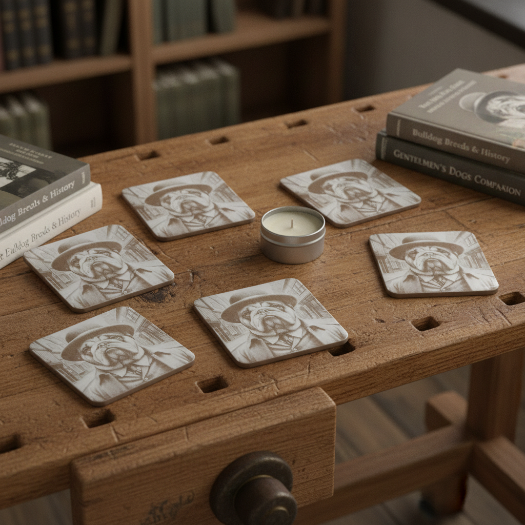 Set of 6, wood drink coasters with bumper feet. "Bulldog dressed to impress collection".