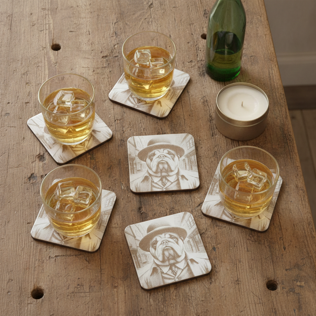 Set of 6, wood drink coasters with bumper feet. "Bulldog dressed to impress collection".