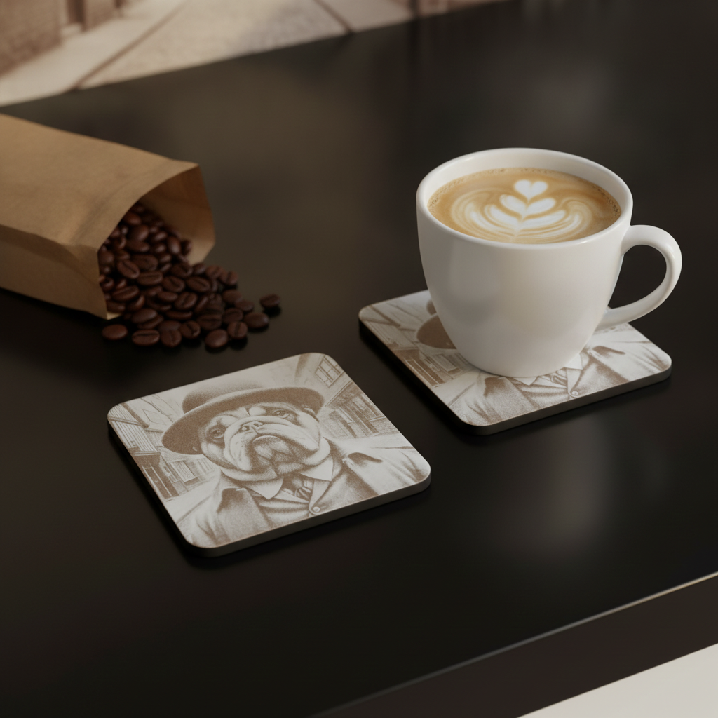 Set of 6, wood drink coasters with bumper feet. "Bulldog dressed to impress collection".