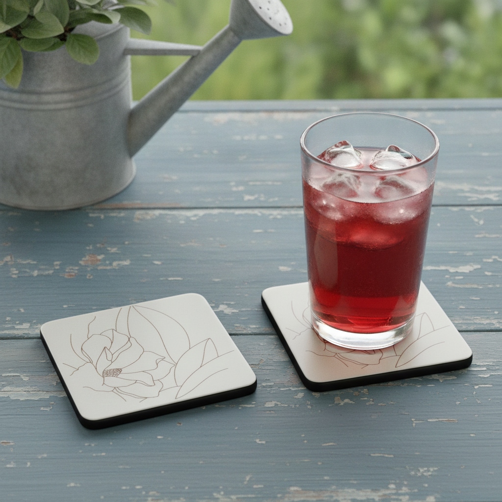 Set of 6,Floral Minimalist Engraving, White Topped Wood, Drink Coaster with Bumper Feet, Square, 9.5cm.