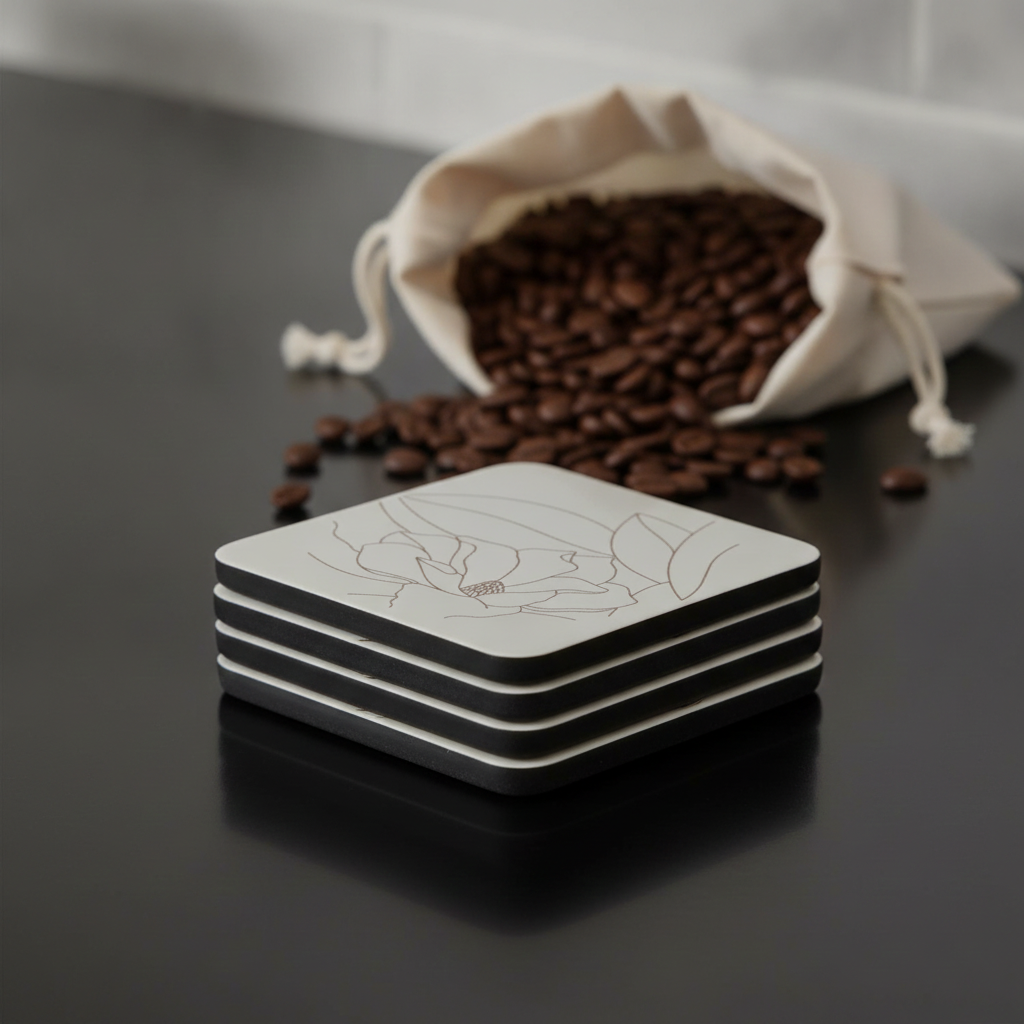 Set of 6,Floral Minimalist Engraving, White Topped Wood, Drink Coaster with Bumper Feet, Square, 9.5cm.
