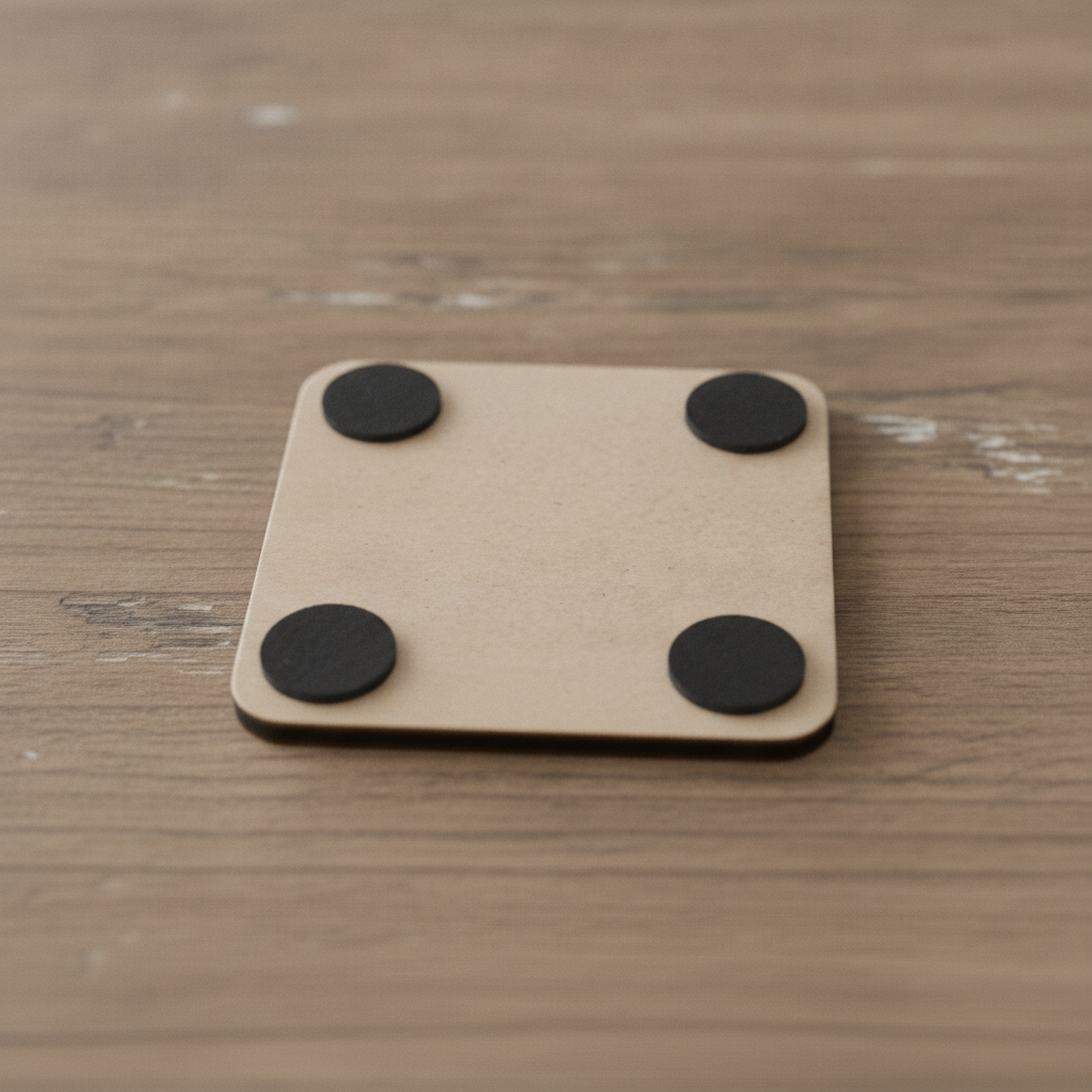Set of 6,Floral Minimalist Engraving, White Topped Wood, Drink Coaster with Bumper Feet, Square, 9.5cm.