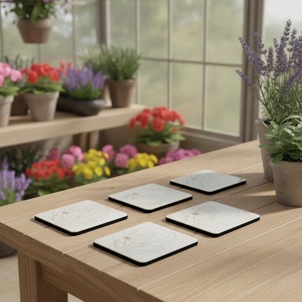 Set of 6,Floral Minimalist Engraving, White Topped Wood, Drink Coaster with Bumper Feet, Square, 9.5cm.