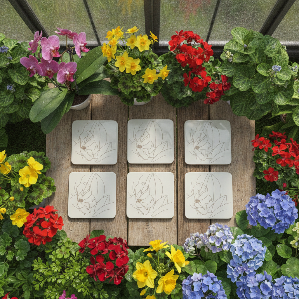 Set of 6,Floral Minimalist Engraving, White Topped Wood, Drink Coaster with Bumper Feet, Square, 9.5cm.