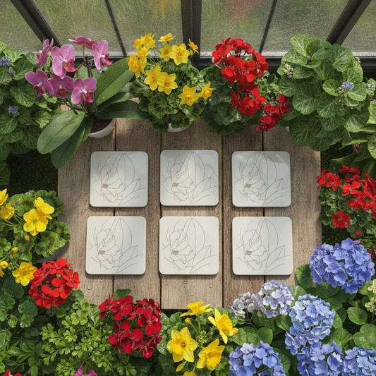 Set of 6,Floral Minimalist Engraving, White Topped Wood, Drink Coaster with Bumper Feet, Square, 9.5cm.