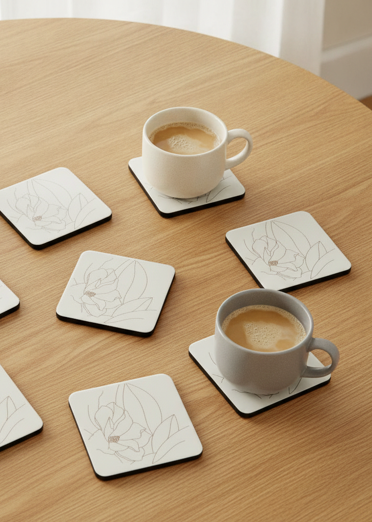Set of 6,Floral Minimalist Engraving, White Topped Wood, Drink Coaster with Bumper Feet, Square, 9.5cm.