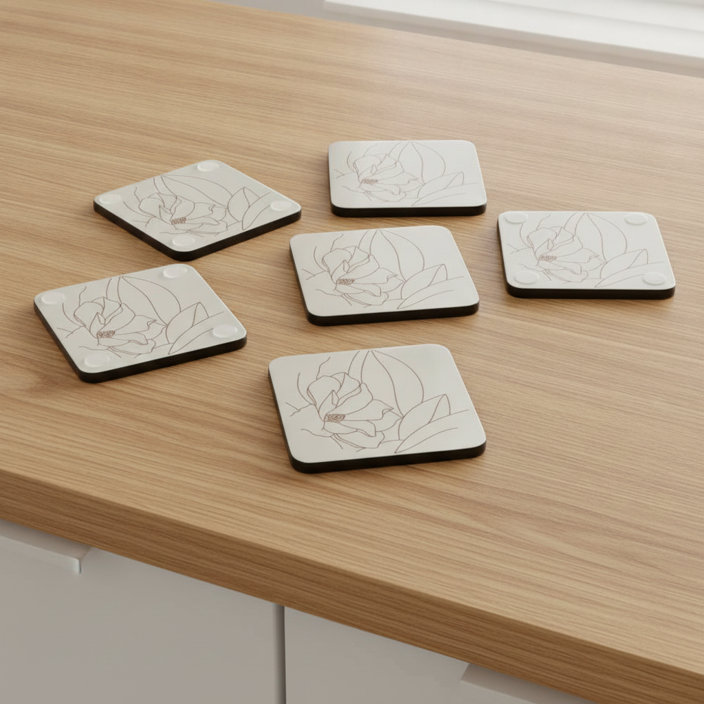 Set of 6,Floral Minimalist Engraving, White Topped Wood, Drink Coaster with Bumper Feet, Square, 9.5cm.