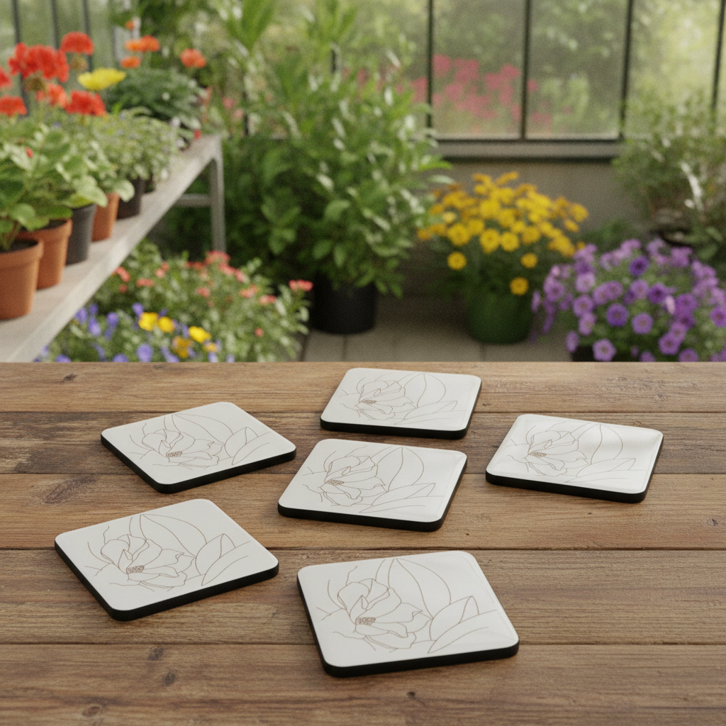 Set of 6,Floral Minimalist Engraving, White Topped Wood, Drink Coaster with Bumper Feet, Square, 9.5cm.