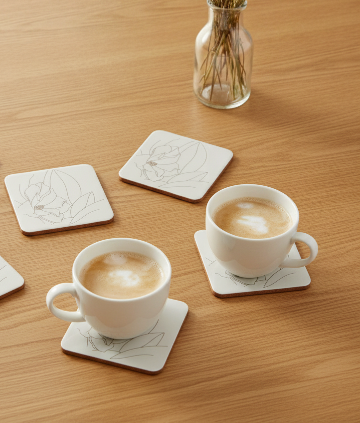 Set of 6,Floral Minimalist Engraving, White Topped Wood, Drink Coaster with Bumper Feet, Square, 9.5cm.
