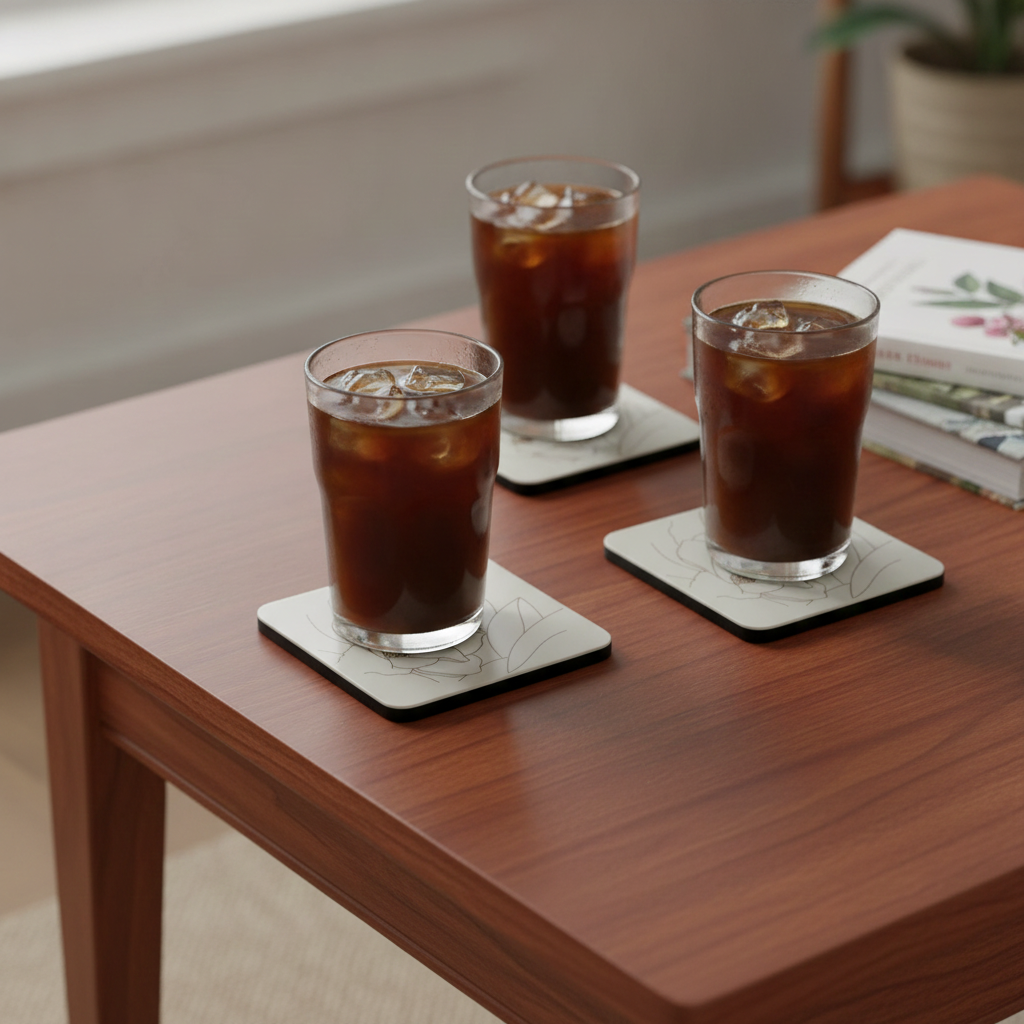 Set of 6,Floral Minimalist Engraving, White Topped Wood, Drink Coaster with Bumper Feet, Square, 9.5cm.