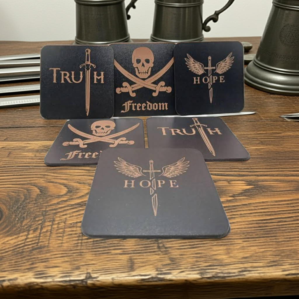 Set of 6 Wooden Coasters. Swords Theme. (3 Designs), Square. Black Wood Collection, with bumper feet.