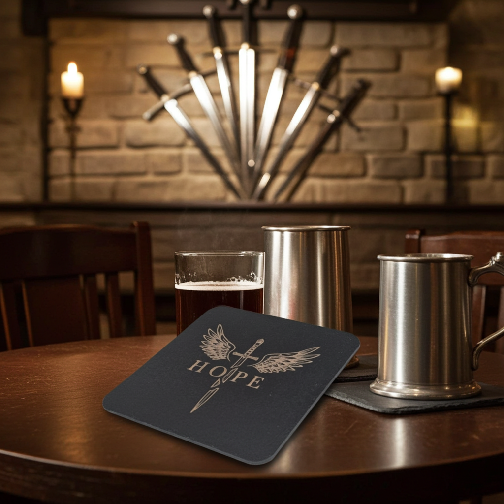 Set of 6 Wooden Coasters. Swords Theme. (3 Designs), Square. Black Wood Collection, with bumper feet.