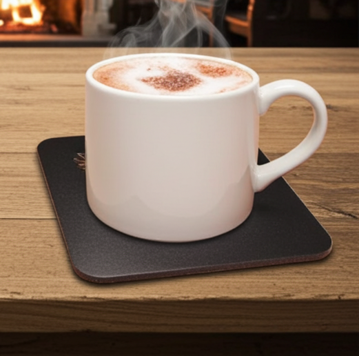 Set of 6 Wooden Coasters. Swords Theme. (3 Designs), Square. Black Wood Collection, with bumper feet.